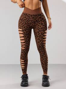 SHEIN Dewbera Quần legging thể thao nữ gợi cảm họa tiết da báo, cạp cao, khoét eo. - màu nâu - Xem 4