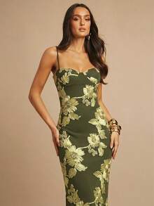 Fitted Strappy Dress With 3D Floral Print - Army Green - View 6