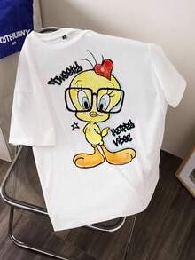 LOONEY TUNES X SHEIN 女士百搭圆领短袖T恤 - 白色 - 查看 1