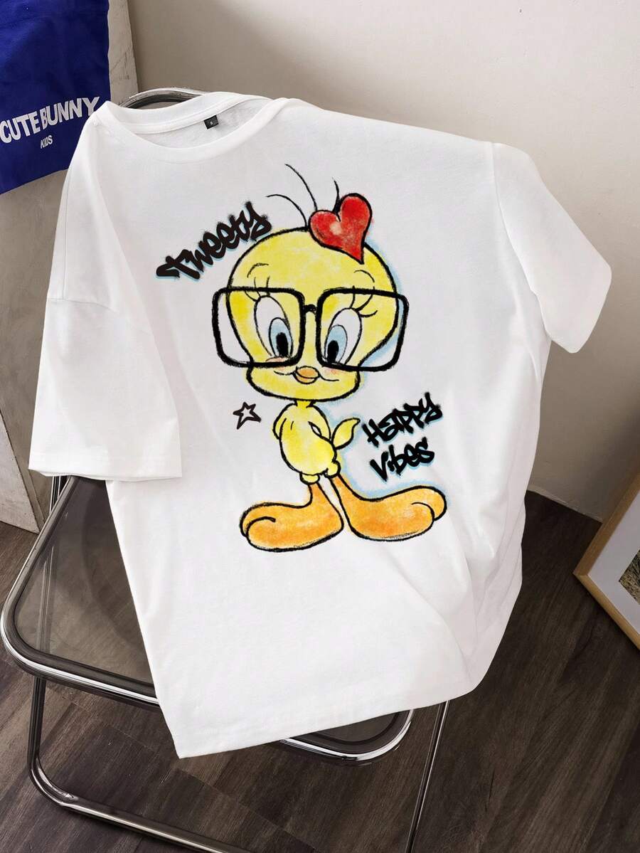 LOONEY TUNES X SHEIN 女士百搭圆领短袖T恤 - 白色 - 查看 1