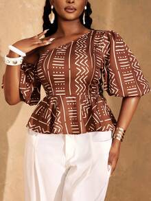 Lunelith SHEIN Lunessa Áo kiểu nữ cổ điển in họa tiết toàn thân, cổ lệch vai, tay ngắn, xếp ly, thích hợp cho mùa hè. - màu nâu - Xem 7