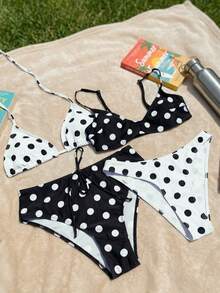 SHEIN Swim 4件套女士波点印花性感露背挂脖比基尼套装，可调节细肩带露脐上衣和泳裤，适合海滩、游泳池、派对、夏季穿着。 - 黑與白 - 查看 4
