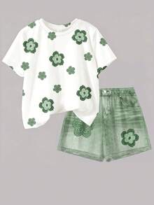 Vintage Floral Graphic Tween Girl Casual Crew Neck Short Sleeve T-Shirt And Shorts 2-Piece Set, Suitable For Spring/Summer Daily, Home, School Wear - Multicolor - View 3