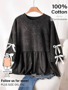 CosyJoli Plus Size Women Casual Bowknot Decor Ruffle Hem Long Sleeve T-Shirt, Versatile For Daily Wear, Summer Tops - Black - View 1