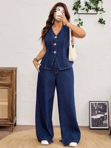 SHEIN CURVE+ Plus Size Women's Navy Blue Denim 2 Pieces Set,Summer Smart Casual Sleeveless Single-Breasted V Neck Top And Wide-Leg Palazzo Jeans For Everyday Wear - Dark Wash - View 5