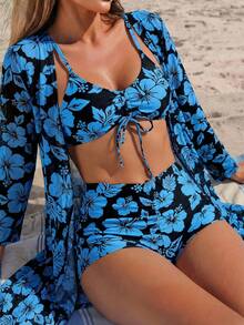 SHEIN Swim 3入組夏季沙灘女士花卉印花比基尼套裝 - 彩色 - 查看 2