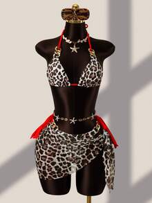 Zestiva 女士三件套泳衣：花卉豹纹链条吊带露背迷你连衣裙，性感沙滩度假装 - 彩色 - 查看 3