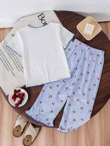 SHEIN Genkimix Kids Young Girls Cherry Print Short Sleeve T-Shirt And Plaid Pants Casual Outfit,Gingham Summer Family Matching Kids Set - Multicolor - View 2
