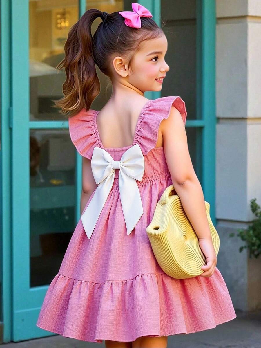 SHEIN Elladie kids 小女孩甜美可爱沙滩度假夏季短袖蝴蝶结装饰连衣裙,适合日常和假日穿着 - 粉色 - 查看 1