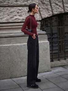 Ontre 女款酒紅色網紗拼接透視優雅上衣，適合秋季夜生活、商務休閒辦公穿著、波希米亞風婚禮賓客及度假 - 酒紅色 - 查看 5
