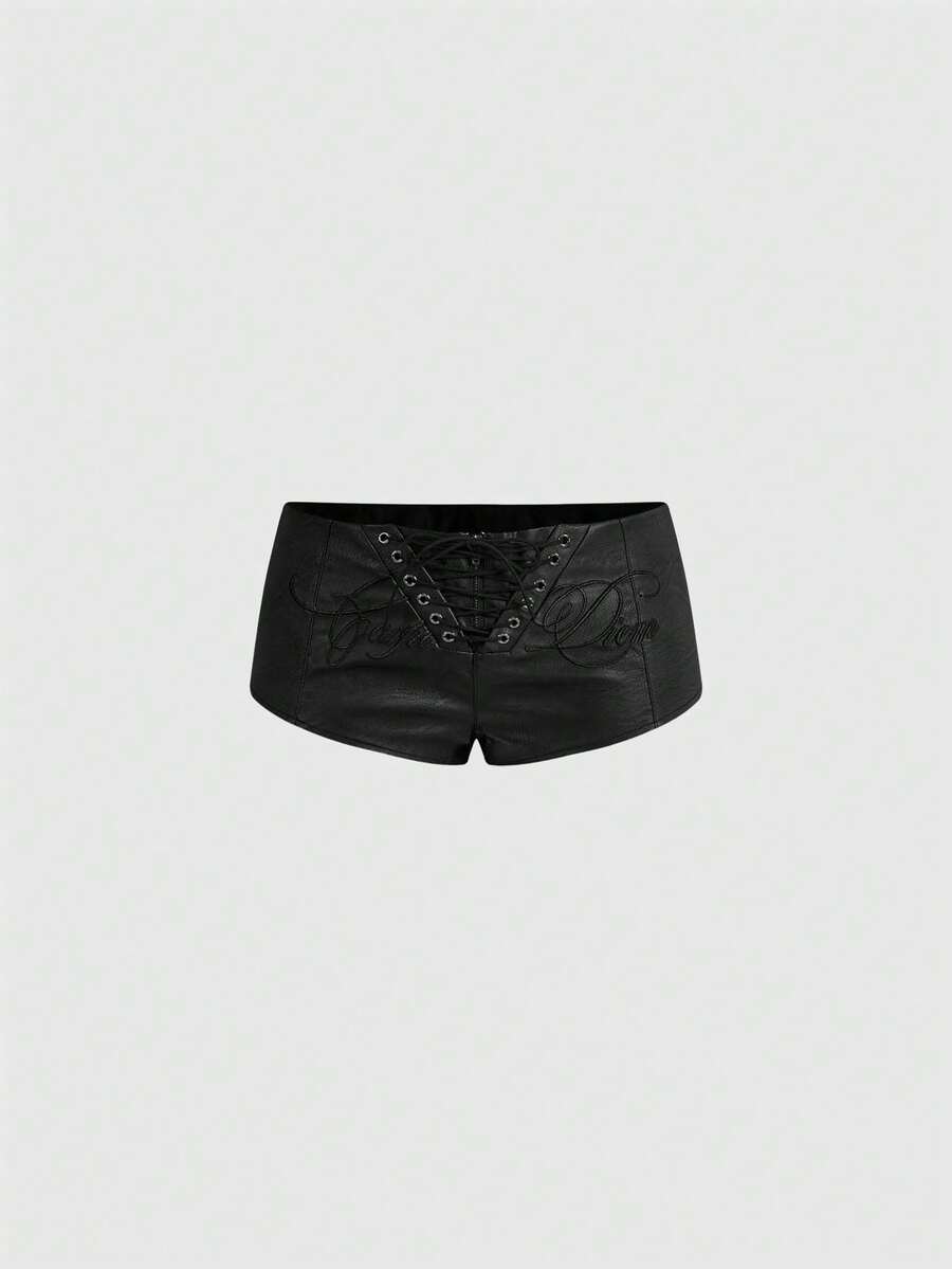 Grunge Punk Quần short mini cạp siêu thấp bằng da PU, phong cách punk Y2K cá tính, thích hợp cho lễ hội mùa xuân/hè, thêu chữ. - màu đen - Xem 1