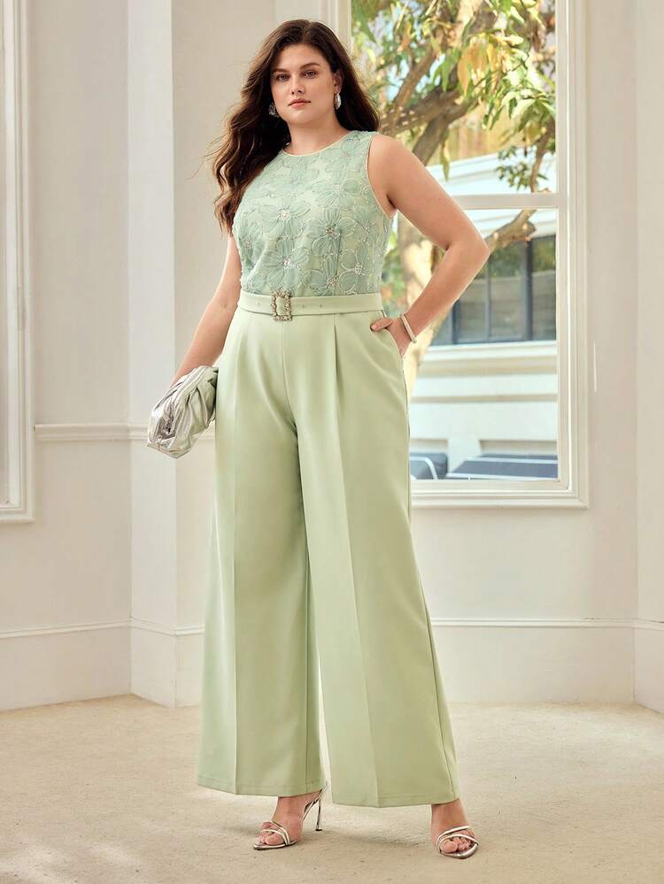PLUS SIZE LACE PATCHWORK SLEEVELESS JUMPSUIT