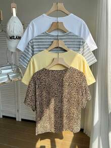 Comfortcana 4pcs/Set Solid Color Brown Casual Versatile Plus Size T-Shirts Spring Summer Gym - Multicolor - View 5