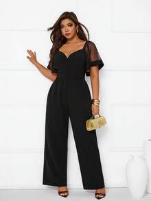 Femmeverse Plus Size Women's New Mesh Patchwork Jumpsuit, Slimming And Elegant - Black - View 7