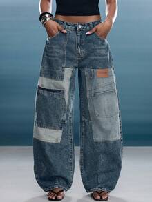 Jeans de pierna de barril con parches de bolsillo de mezclilla, jeans de declaración, jeans de barril, moda streetwear - Azul lavado medio - Ver 12