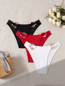 Swim Vcay Women's 3 PiecesBikini Set With Metal Buckle, Suitable For Beach Vacation, Available In Black, White, Red Swimsuit Bikini Bottom - Multicolor - View 3