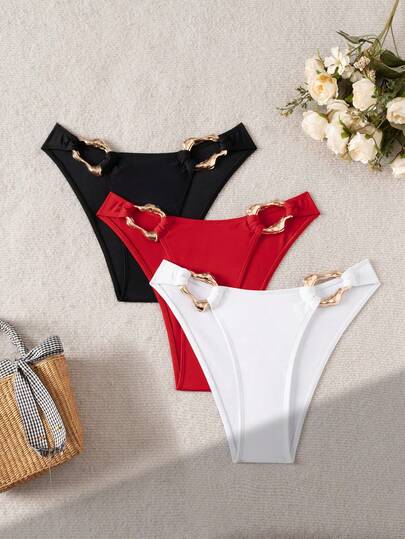 Swim Vcay Women's 3 PiecesBikini Set With Metal Buckle, Suitable For Beach Vacation, Available In Black, White, Red