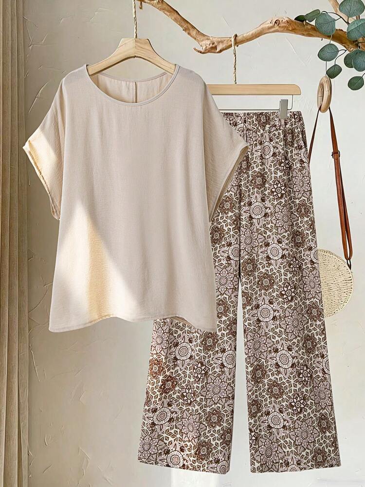2pc Set Plus Size Women's Summer Casual Vacation Country Retro Floral Print Set, Solid Khaki Round Neck Short Sleeve Loose Blouse Top Shirt  And Wide Leg  Floral Print  Pants 2 Pieces Set With Pockets, 2 Piece Outfit,Summer\Vacation,Summer Holiday,Vacation Outfits Women ,Holiday Outfits For Women,Going Out Outfits, New Clothes,Simple And Fashionable For Everyday Wear,Suitable For Summer, Vacation, Daily Wear, Daily Wear,Country Concert Outfit ,Modest Two Piece Set, Plus Size Summer Sets,Plus Size Pants Set,Boho Set,Boho Pants Set For Women,Wide Leg Pants Set,2 Piece Casual Sets Woman,Two Piece Set Women