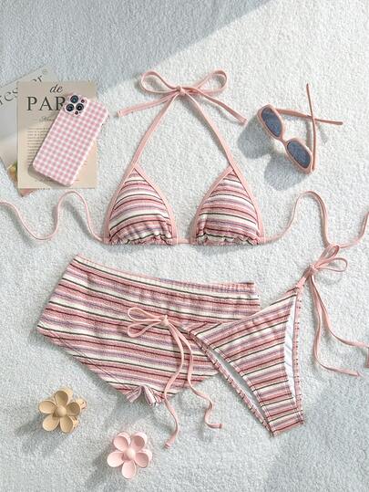 Swim Mod Bộ đồ bơi 3 mảnh phối màu jacquard dễ thương và ngọt ngào 2026SS, thích hợp cho kỳ nghỉ và hoạt động thư giãn trên bãi biển dành cho nữ.