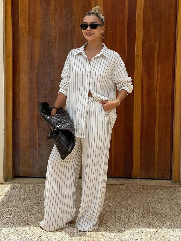 Autumn/Winter New Loose Casual Striped Women 2 Pieces Set