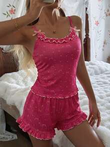 CottageSlumber Women's Pajama Set With Ribbed Ruffle Trim, Velvet Bow, And Romantic Ditsy Floral Camisole And Shorts - Hot Pink - View 4