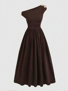 SHEIN Girlism Vestido midi elegante con cuello asimétrico, hebilla metálica decorativa y pliegues para adolescentes, color marrón - Marrón - Ver 8