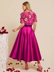 Amorya 女士春夏新款优雅高端刺绣上衣和A字裙两件套 - 玫紅色 - 查看 3