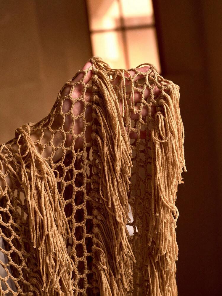 BEADED DECOR TASSELED SHEER VACATION COVER UP DRESS