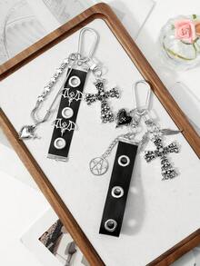 ROMWE 2 Y2k Retro Unique Personalized Heavy Industry Punk Dark Wind Goth Black Glossy Leather Metal Air Eye Hole Eye Wrist Strap Ancient Silver Demon Bat Wings Square Letters "Dark" Pin One Arrow Through The Heart Hollow Star Ring Dripping Oil Thorns Rose Love Uneven Skull Cross DIY Keychain Bag Pendant Pendant, Combination Set, Suitable For Women, Girls, Sisters, Girlfriends, Couples Daily Wear, Holiday Gifts - Black - View 14