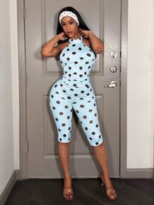 Slaydiva 新款春季、春夏音乐节、情人节、复活节休闲、简约基础风、Y2K街头风、甜美流行风、邮轮度假、日常约会、辣妹风、性感派对、吊带、系带、露背、收腰、褶皱紧身裤、七分裤、白色底、黑色波点连体裤、女士紧身连体裤 -A - 淺藍色 - 查看 7