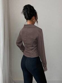 Rafferiza Women's French Style Vertical Striped Cardigan Shirt - Mocha Brown - View 2