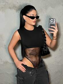 SHEIN SXY 性感蕾丝拼接无袖透视连体衣 - 黑色 - 查看 5