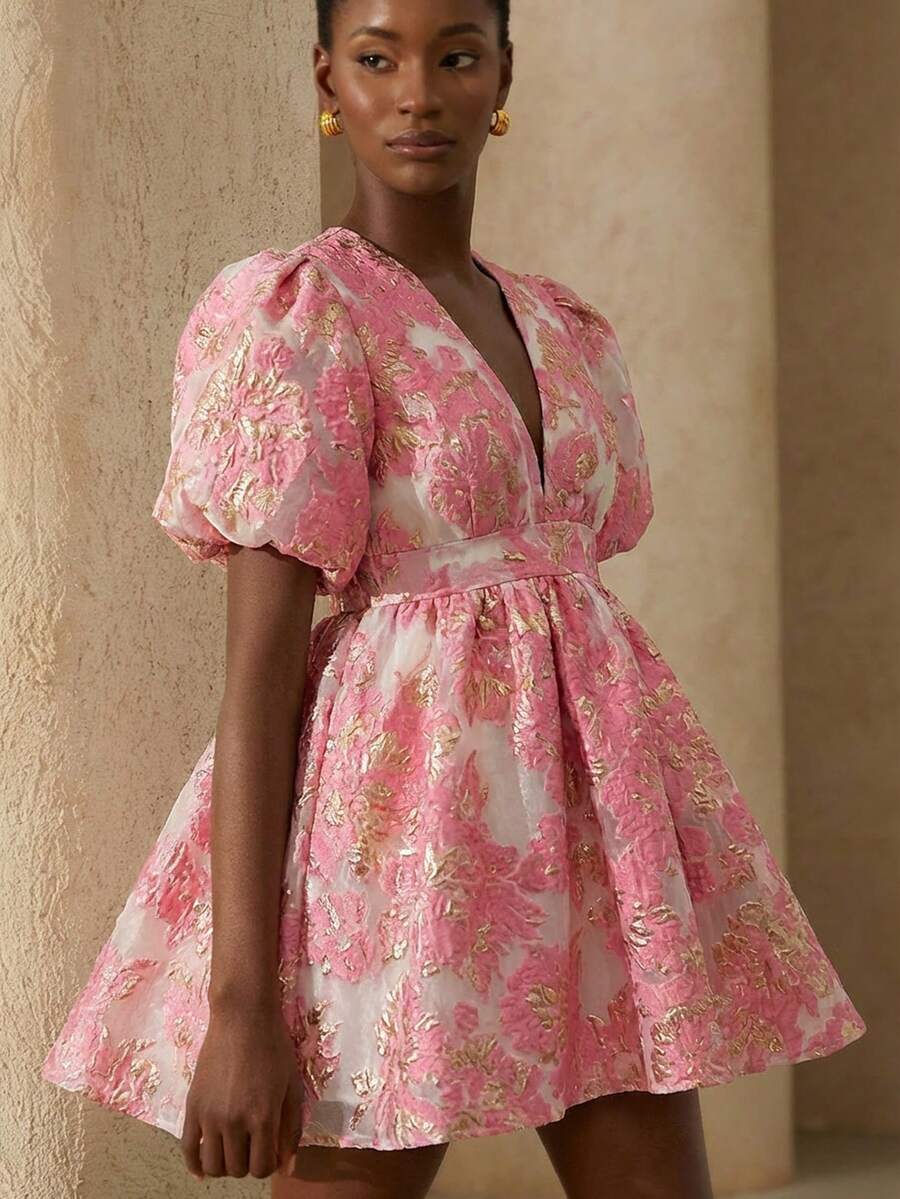 BELROSIE Delicate Organza Jacquard Floral Deep V-Neck Waist Gathered Petal Sleeve A-Line Dress For Women