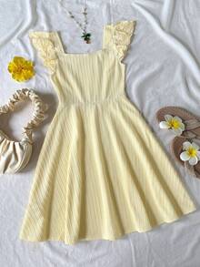 SHEIN 少女休闲简约舒适方领短袖纹理面料A字连衣裙 - 黃色 - 查看 6