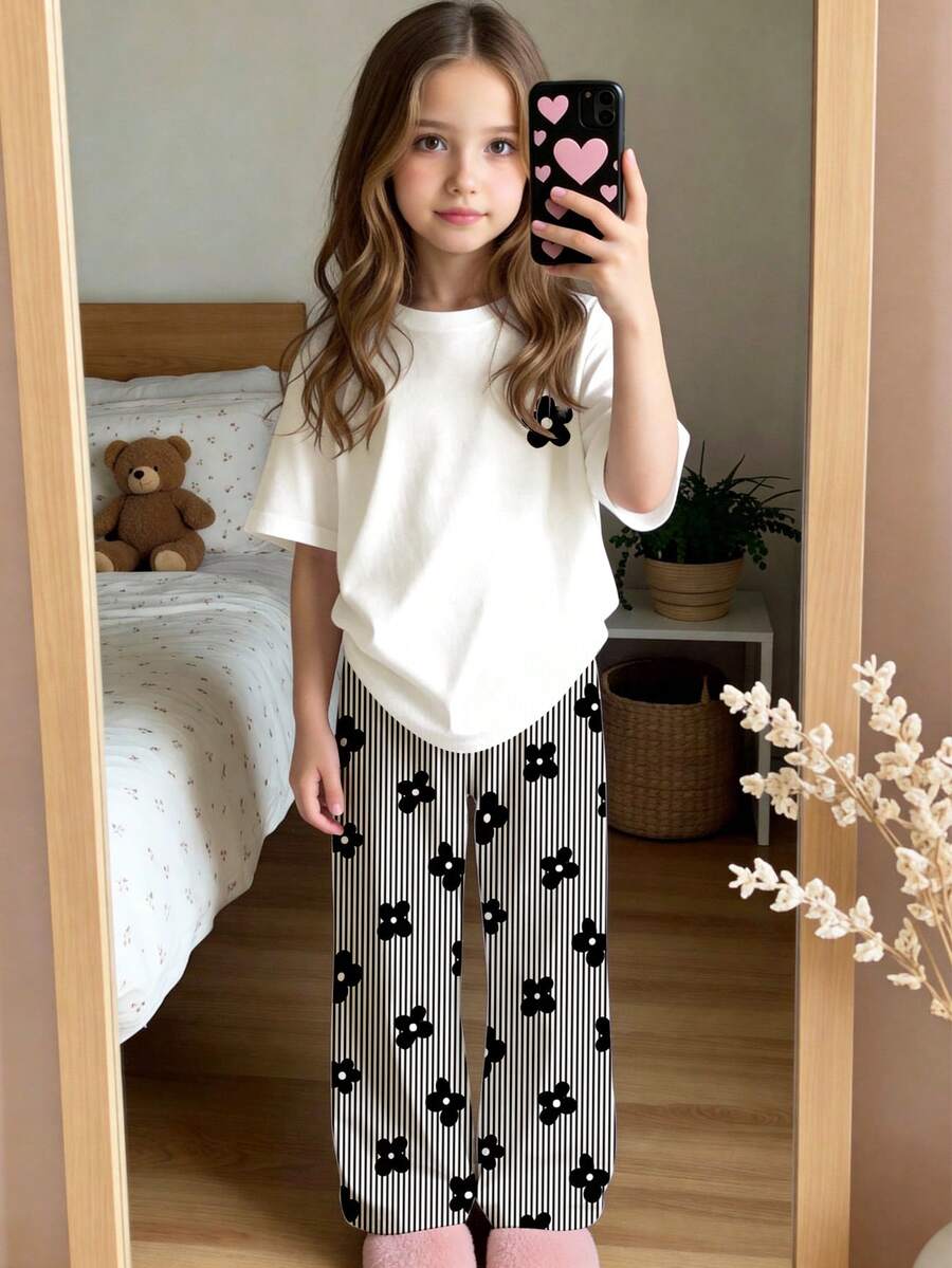 SHEIN 少女套裝,白色家庭款黑白條紋迷你碎花印花睡衣,Y2K可愛風圓領短袖長褲套裝 - 彩色 - 查看 1