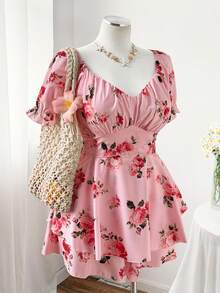 Sweetra Plus Size Women Casual Vacation Sweet Floral Print Pink Double Ruffle Jumpsuit - Pink - View 6