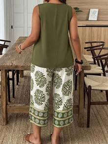 Weeklong Plus Size Women Spring/Summer Casual Vacation Solid Color Asymmetric Hem Tank Top And All-Over Print Pants Set - Multicolor - View 2