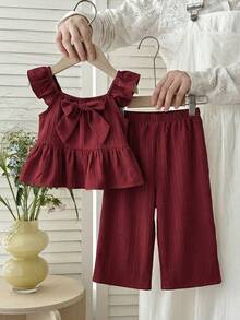 LMoss Kids LMoss 2pcs Baby Girl Woven Solid Color Square Collar Ruffle Bow Sleeveless Top And Pants Set Summer Outfit Sets Toddler Clothes - Red - View 4