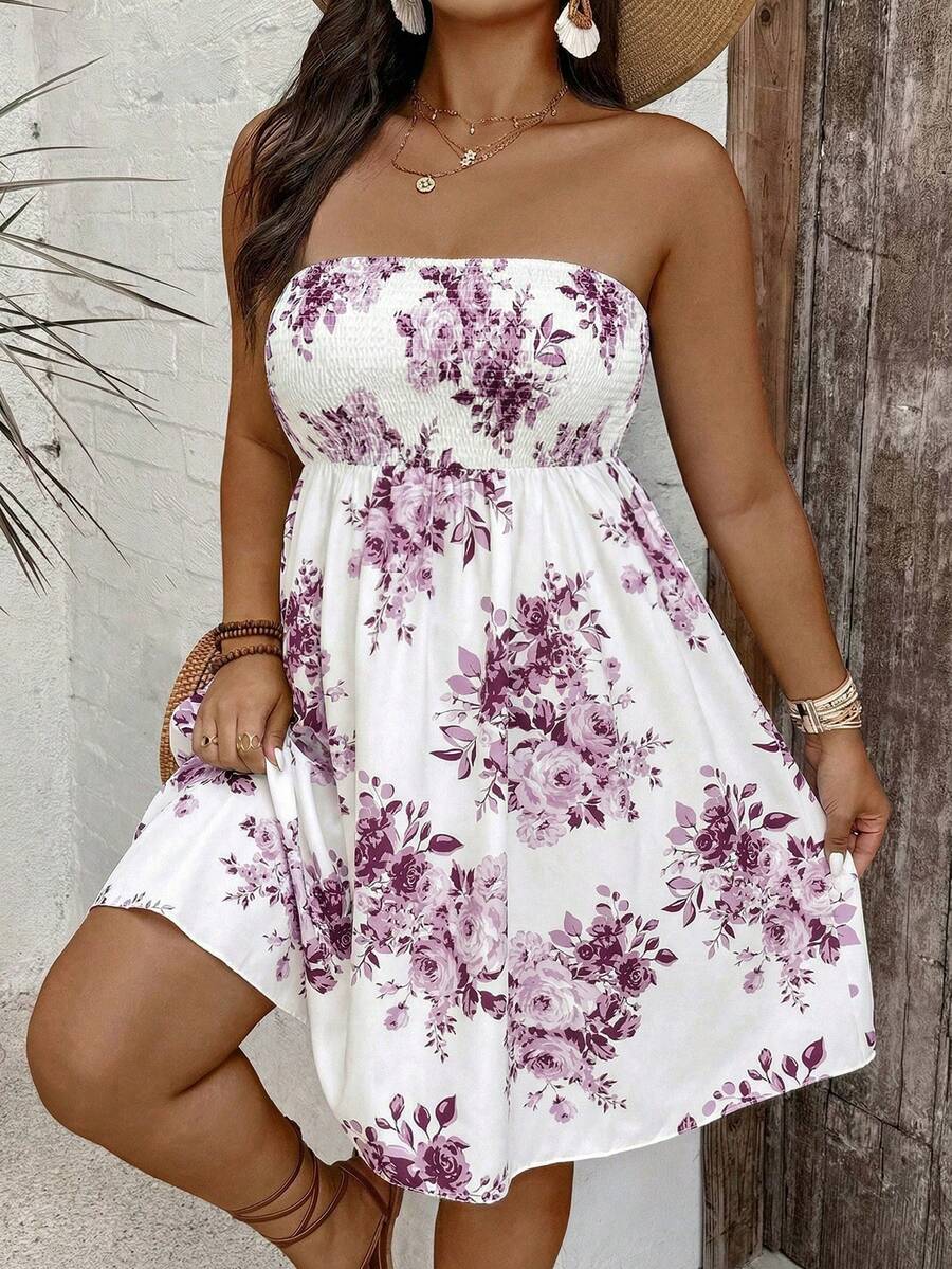 SHEIN VCAY 大码女式碎花无肩带连衣裙，度假风 - 彩色 - 查看 1