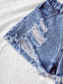 SHEIN Celana Pendek Jeans Denim Pinggang Tinggi Sobek dengan Ujung Kasar Gaya Y2K untuk Remaja Perempuan, Cocok untuk Liburan Musim Semi dan Musim Panas, Celana Pendek Pantai Gaya Boho untuk Liburan Musim Panas, Celana Pendek Kasual untuk Konser, Festival, dan Pesta Musim Panas, Cocok untuk Acara Makan Siang Musim Panas dan Wisuda. - Medium Wash - View 3