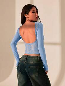 SHEIN PETITE Top T-shirt dos nu avec couture en dentelle pour femmes. Tenue sexy pour rendez-vous, convient pour l'été. ,Femmes de petite taille - Bleu gris - Voir 2