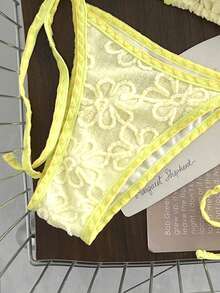 Swim Vcay Spring/Summer Knit Jacquard Triangle Wireless Halter Top And Side Tie Swim Shorts Women Beach Vacation Swimwear Set Butter Yellow Sexy - Yellow - View 5