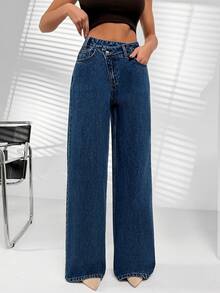 Women Cross Waist Detail Dark Wash Wide Leg Casual Denim Jeans - Dark Wash - View 3