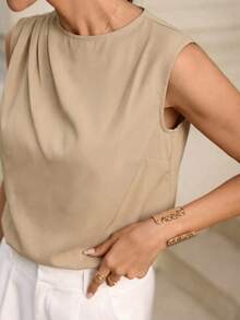 Editum Women's Elegant Casual Khaki Satin Ruffle Trim Shiny Button Decor Blouse, Suitable For Office Work, Commute, Business, Date, Can Be Worn As Undershirt Or Outerwear, Versatile For Daily Wear Zoey Outfit Ytk Clothes Yk2k Tops Yoga Top Yk Outfits Draped Neckline Top Sleeveless Top Business Casual Women Tops Blouse Office Top Mock Neck Top Draped Top Blouse For Women Elegant Classy Outfit Ideas For Women Smart Casual Outfits For Ladies Modern Tops For Women Summer - Apricot - View 9