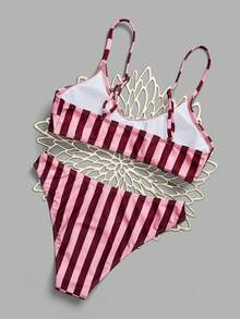 SHEIN Elegant Vacation Bohemian Pink Striped Adjustable Strap V-Neck Bikini Set 2 Pieces Sets For Women Alt 2580198 Bikinis - Multicolor - View 3