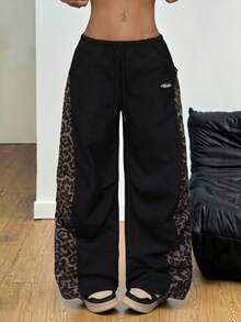 SHEIN PETITE Quần ống rộng dáng suông họa tiết da báo phối nhiều mảnh dành cho nữ, kiểu dáng thường ngày. - màu đen - Xem 3