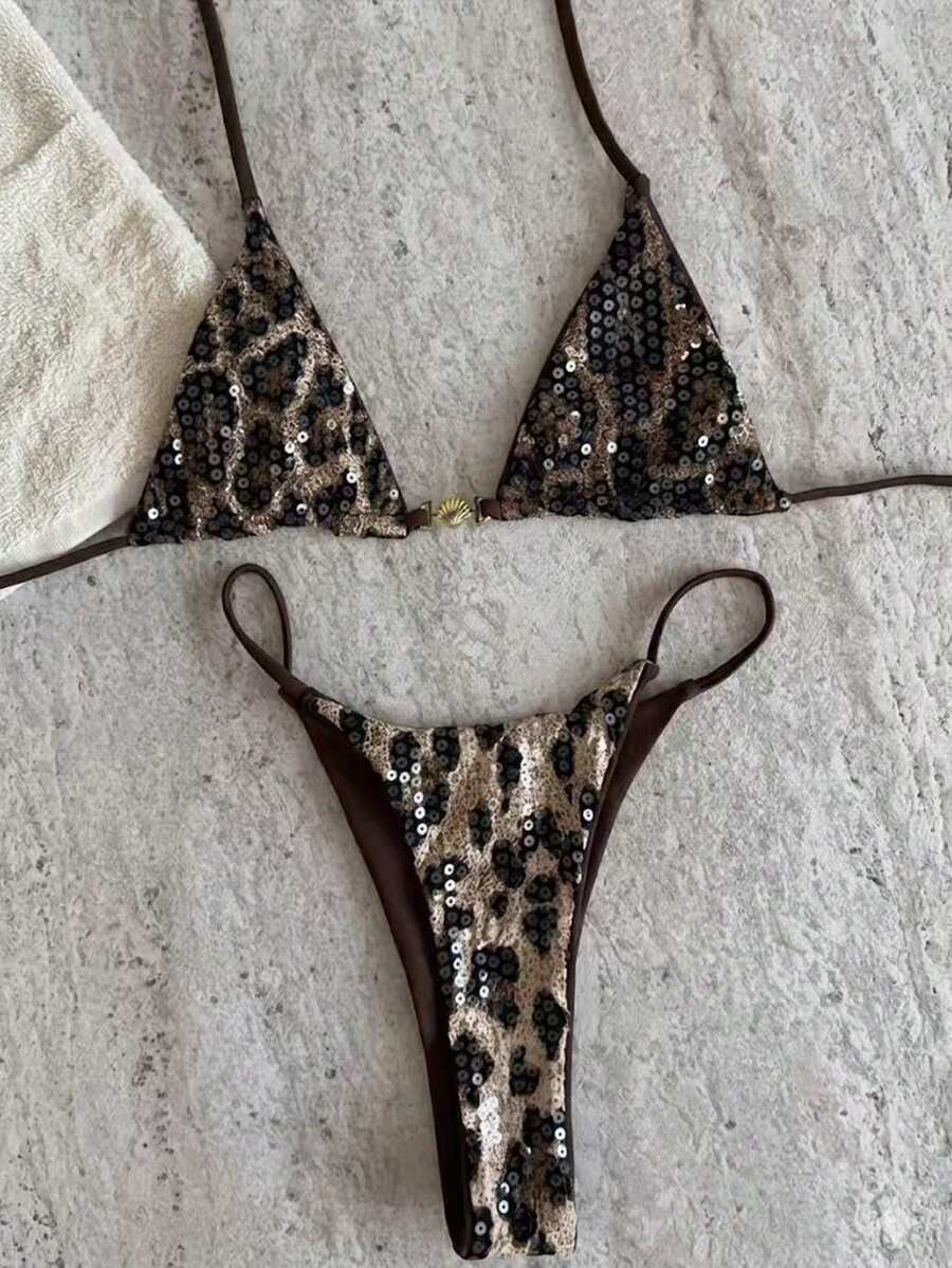 Swim Chiccia 2026 Women's Fashionable Colorblock Leopard Print Sexy Metal Shell Decor Halter Neck Backless Bikini Set, Suitable For Beach Vacation, Night Beach Party - Multicolor - View 1