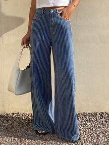Livesso Quần jeans nữ kẻ sọc có túi, dáng suông, rộng rãi, thoải mái, đa năng. - Rửa trung bình - Xem 2