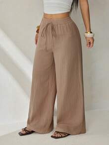 SHEIN PETITE Women's Plain Trousers, Fashionable For Summer Winter Brown Casual Spring - Khaki - View 5