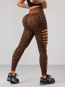 SHEIN Dewbera Quần legging thể thao nữ gợi cảm họa tiết da báo, cạp cao, khoét eo. - màu nâu - Xem 2